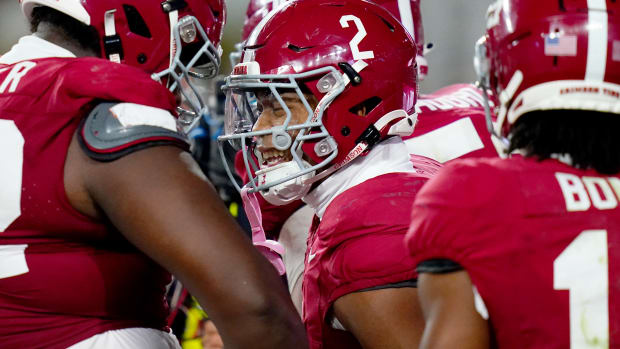 Nov 4, 2023; Tuscaloosa, Alabama, USA; Alabama Crimson Tide running back Jase McClellan (2) celebrates his touchdown against the LSU Tigers during the second half at Bryant-Denny Stadium.